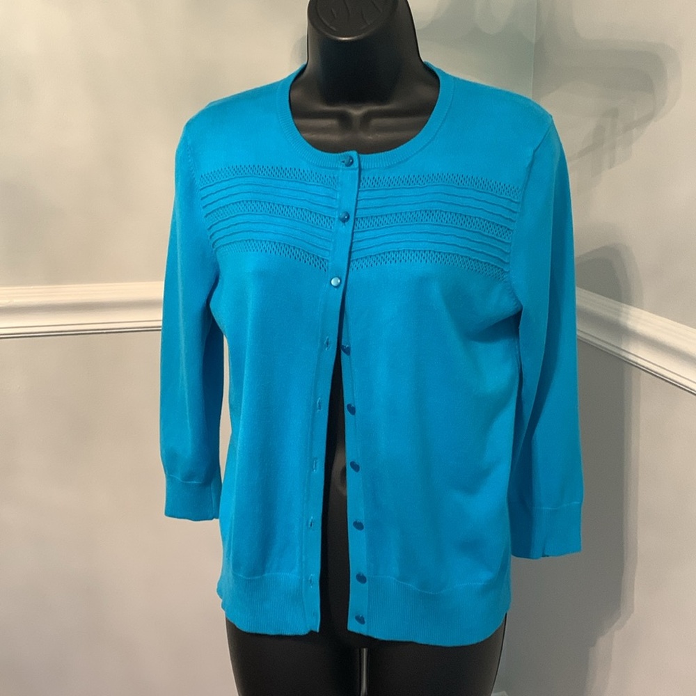 Cable & Gauge Perforated Turquoise Blue Cardigan Sweater Size L EUC